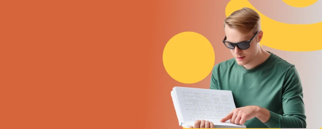 A man reads Braille with a vibrant orange and yellow background.