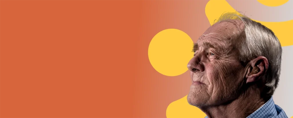 An elderly man in a checked shirt looks thoughtful, with a warm yellow circular background.